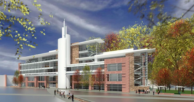 Rendering of the Don and Susie Law Engineering Future Technologies Building with blue sky and clouds.