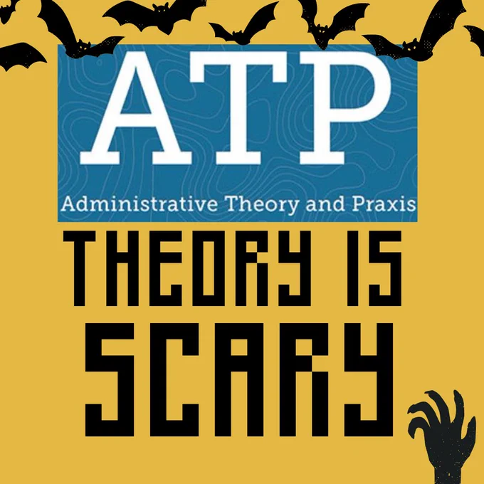 Orange background with graphic of bats flying at the top and zombie hand reaching out from the bottom. ATP logo placed in the center top, and text that reads "THEORY IS SCARY"