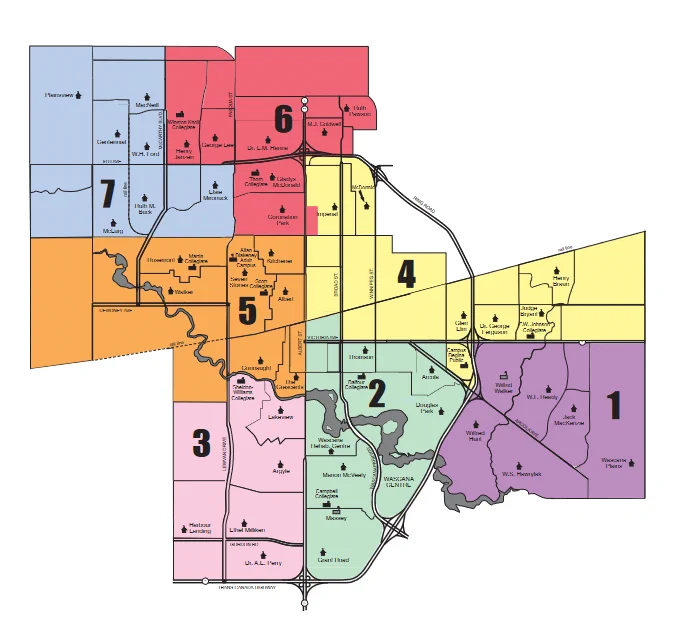 Illustration of a map of Regina with the seven Regina Public Schools subdivisions outlined in different colours. 
