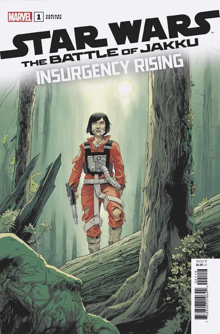 Variant cover of the comic, featuring Rynn Zenat, a dark haired woman in tattered rebel pilot gear, in the forest of Endor