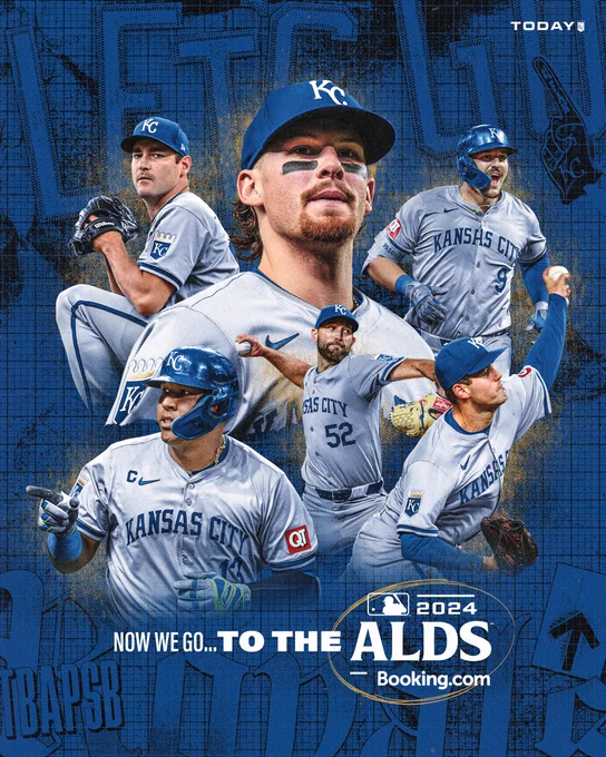 A graphic with cutout photos of Seth Lugo, Bobby Witt Jr., Vinnie Pasquantino, Salvador Perez, Michael Wacha, and Cole Ragans set against a royal blue background. Text on the graphic reads, "Now we go.... to the ALDS!"