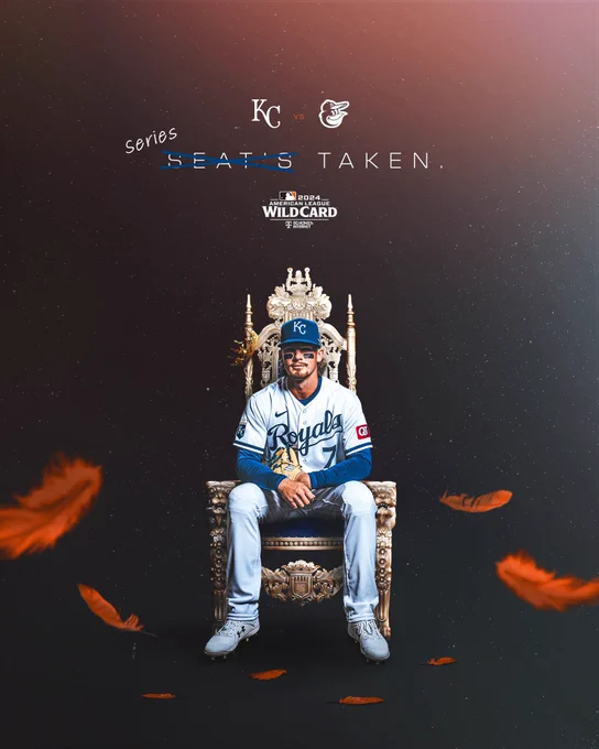 A graphic with Bobby Witt Jr. sitting on a throne as orange feathers float to the ground around him. Text on the graphic reads, "Series Taken.