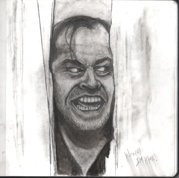 Sketch of Jack Torrence pushing his face through a broken door