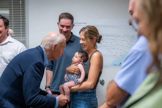 President Biden greets a family impacted by Hurricane Helene.