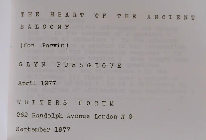 Colophon page of Glyn Pursglove's "The Heart of the Ancient Balcony", published by Writers Forum 1977