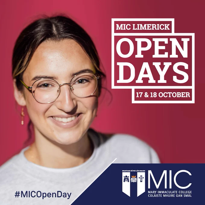 A smiling female student from MIC standing in front of a red coloured background. She's wearing round glasses and a grey crewneck sweater. The text on the image is 'MIC Limerick. Open Days. 17 & 18 October. #MICOpenDay'
