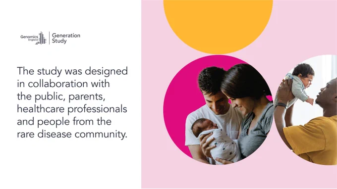 Parents holding babies and the text 'The study was designed in collaboration with the public, parents, healthcare professionals and people from the rare disease community.'