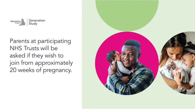 Parents holding babies and the text 'Parents at participating NHS Trusts will be asked if they wish to join from approximately 20 weeks of pregnancy.'