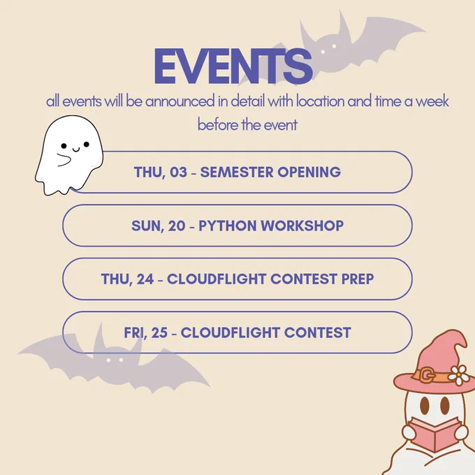 The text lists the upcoming events for October:

This image is an event announcement for October 2024 for the G:URLs coding club, listing the following events: 

Thursday, 3rd - Semester Opening
Sunday, 20th - Python Workshop
Thursday, 24th - Cloudflight Contest Prep
Friday, 25th - Cloudflight Contest

It also mentions that details like the time and location of each event will be announced a week before the event.
