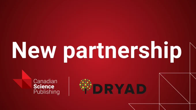 "New partnership" is written in white text on a red background. Beneath the text are the logos for Canadian Science Publishing and Dryad.