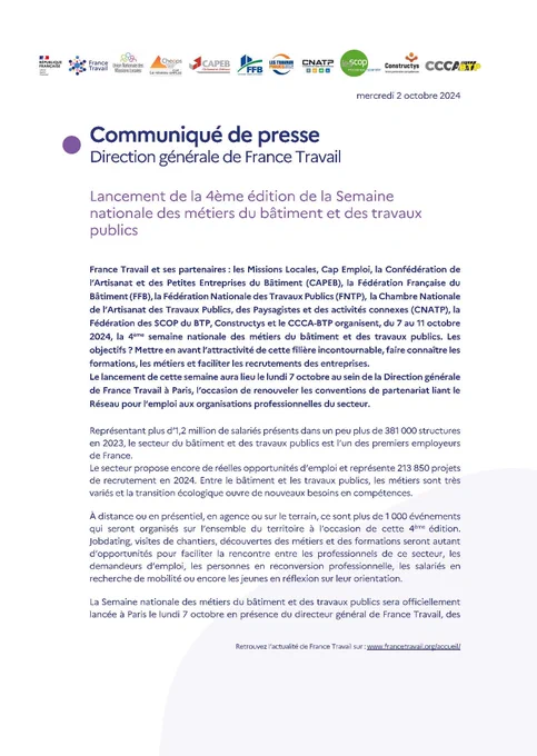 Communiqué de presse de la Direction générale de France Travail : "Lancement de la 4ème édition de la Semaine nationale des métiers du bâtiment et des travaux publics"