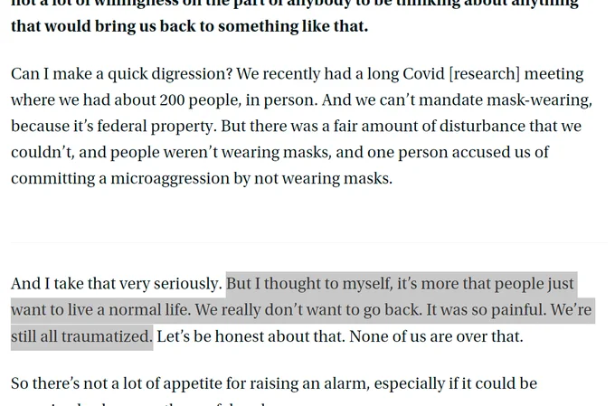 Screenshot with highlighted quote from NIAID’s Jeanne Marrazzo, "But I thought to myself, it’s more that people just want to live a normal life. We really don’t want to go back. It was so painful. We’re still all traumatized."