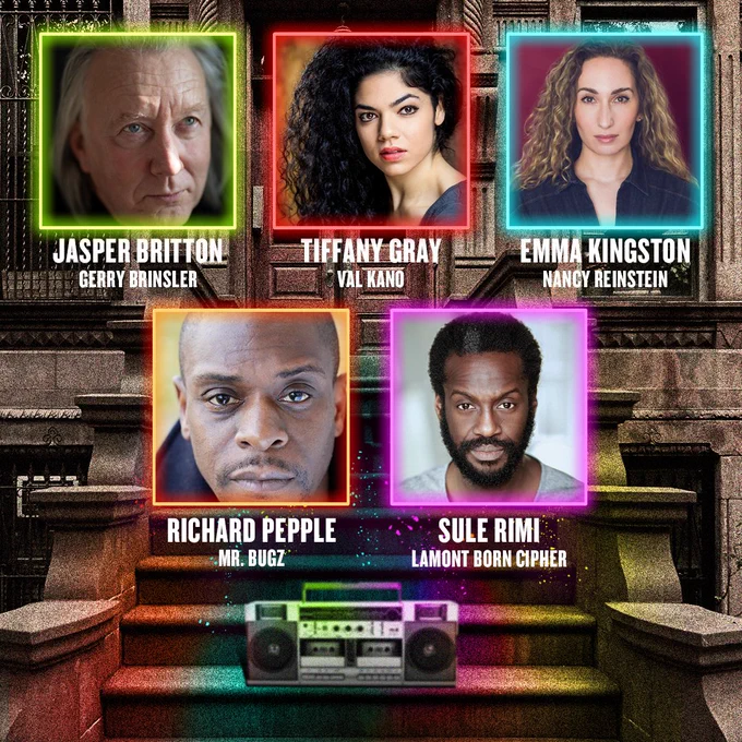 Cast announcement for The Purists, showing: Jasper Britton as Gerry Brinsler; Tiffany Gray as Val Kano; Emma Kingston as Nancy Reinstein; Richard Pepple as Mr Bugz and Sule Rimi as Lamont Born Cipher.