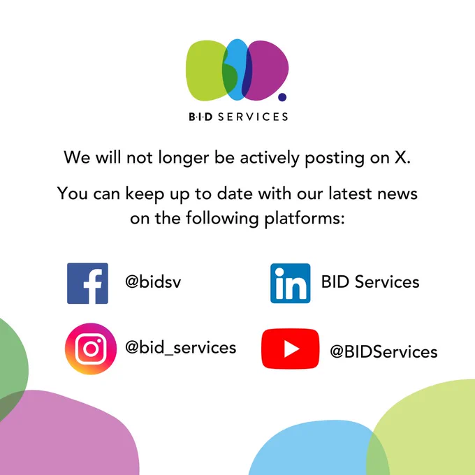 We will no longer be actively posting on X. You can keep up to date with our latest news on the following platforms. Facebook, Instagram, LinkedIn and YouTube. Search for BID Services