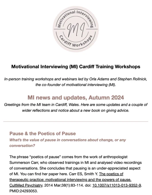 Motivational Interviewing (MI) Cardiff Training Workshops
In-person training workshops and webinars led by Orla Adams and Stephen Rollnick, the co-founder of motivational interviewing (MI).
MI news and updates, Autumn 2024
