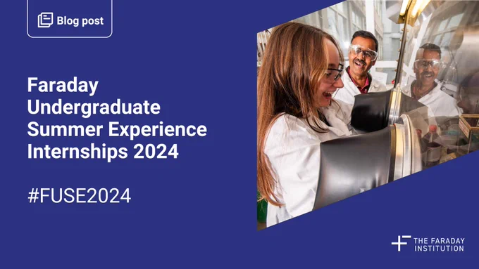 A social media card for blog post: Faraday Undergraduate Summer Experience Internships 2024. #FUSE2024. A picture of a FUSE intern in a lab.