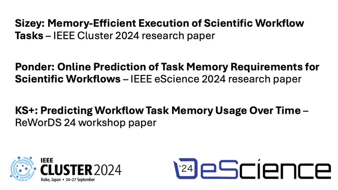 Overview of our three papers:

Sizey: Memory-Efficient Execution of Scientific Workflow Tasks – IEEE Cluster 2024 research paper

Ponder: Online Prediction of Task Memory Requirements for Scientific Workflows – IEEE eScience 2024 research paper

KS : Predicting Workflow Task Memory Usage Over Time – ReWorDS 24 workshop paper