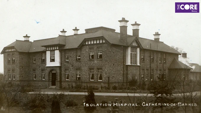 Black and white photograph of a two-storey building. Caption on the photo reads "Isolation hospital, Catherine-de-Barnes."