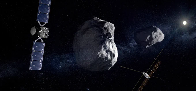 Image shows an artist's impression of the Hera 'CubeSats' and their rocky target destination pillars. Credit: ESA