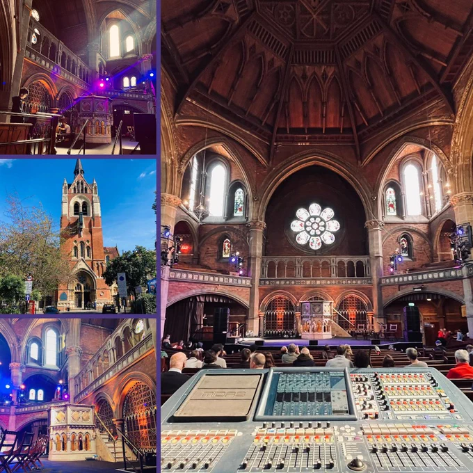 The image shows a collage of four separate images. The first image shows the interior of the chapel, with a stage set up and microphones, with a young performer preparing side stage whilst tutor Jeremiah plays the organ behind the stone pulpit. The second image shows the exterior of the building, with a tall red brick tower and a blue sky, with flourishing trees in the foreground. The third image shows more of the interior of the building, facing the stage with its stone pulpit, with a large stained glass window in the back. The fourth image is from a close-up of the soundboard facing towards the stage, with audience sat in pews, the stage and stone pulpit in the centre, and Union Chapel's famous stained glass wheel window in the back and wooden carved ceiling above.