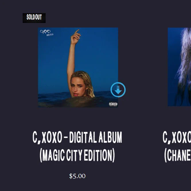 Captura de pantalla de la web de Camila Cabello. El álbum digital de C,XOXO (Magic City Edition) tiene un cartel de "Sold Out".