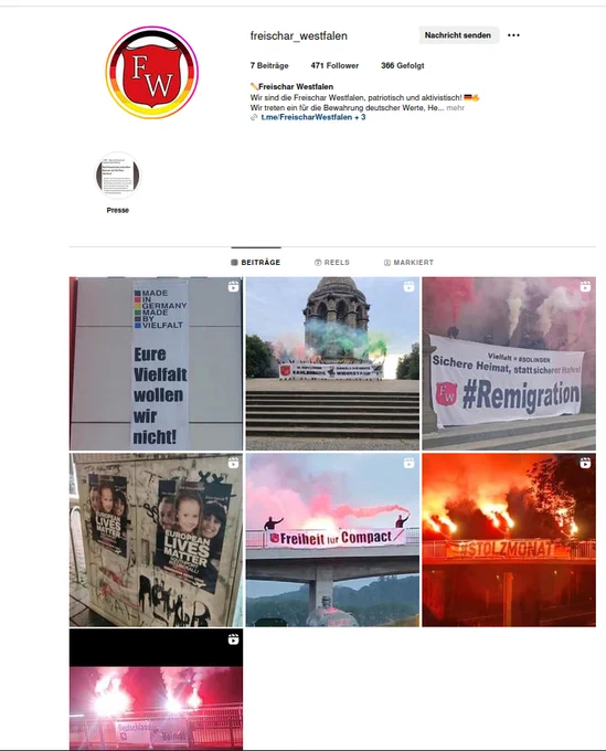 Screenshot des Instagram-Profils der rechten Gruppe "Freischar Westfalen"
