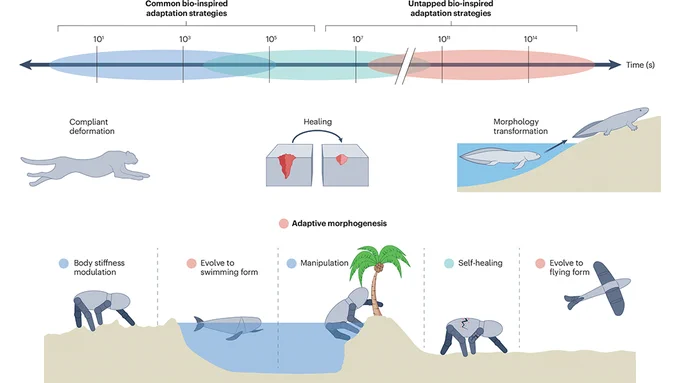 This is figure 1, which shows that adaptive morphogenesis, or ‘evolution on demand’, is a robot design strategy that synthesizes evolutionary adaptations for locomotion in different environments into a unified mechanism space.
