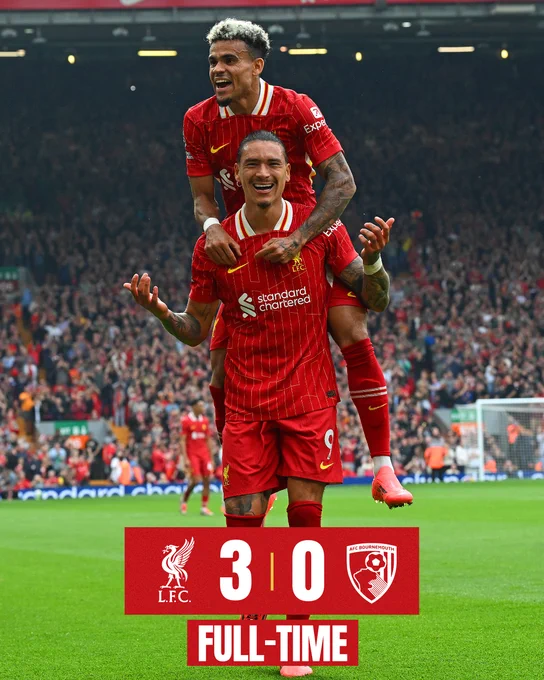 A full-time graphic for Liverpool 3-0 Bournemouth. The image includes a picture of Nunez and Diaz celebrating at anfield.