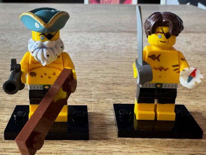 A photo of original LEGO minifigures altered and hand drawn to look like LokiJimmyBs and Leators pirate. Incl. tattoos, underpants, Ferryman belt, Glitterbeard, eyepatches and funny hat.
