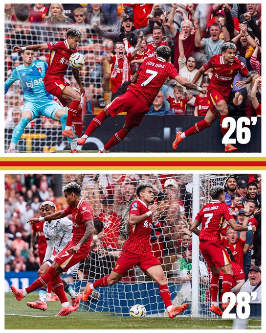 A graphic to highlight the speed of Luis Diaz's brace at Anfield. The graphic includes a selection of images of Lucho, from striking the ball and celebrating the goal.