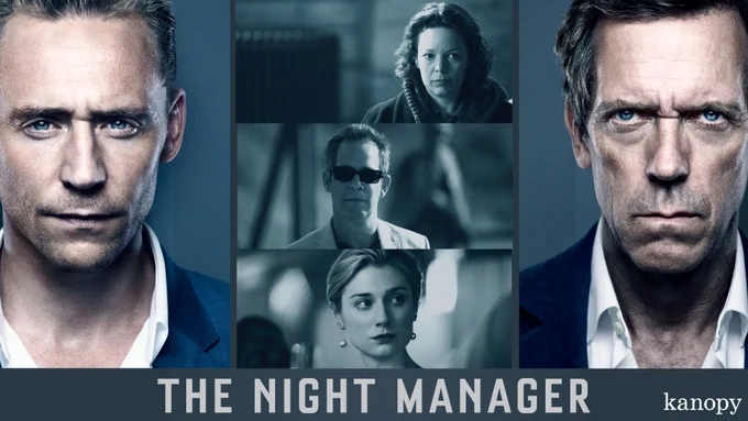 Promotional image for the TV series "The Night Manager", featuring five intense character portraits, including one with sunglasses, set against a dark background with the show’s title and Kanopy logo displayed.