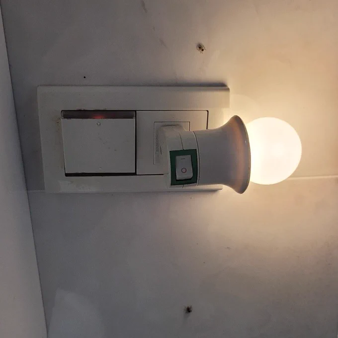 Two tiny little spiders flanking a night light on the wall of a bathroom