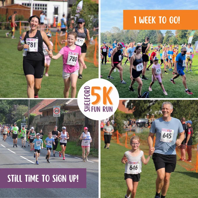 Grid of 4 photos: 2 photos of people running to the finish line, people running on the closed road, people warming up