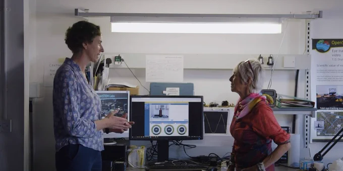 Janet (right) interviewing Helen Lockett (left) in the laboratory