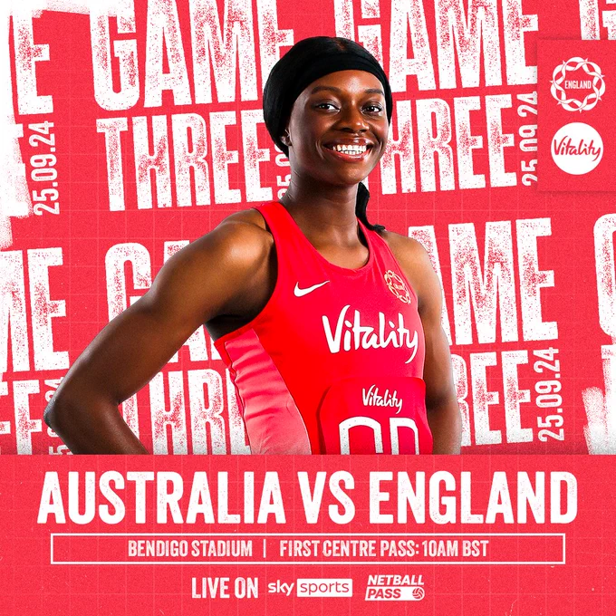 A Vitality Roses branded game three graphic featuring a photo of Funmi Fadoju smiling. The text reads:
- Australia v England
- Bendigo Stadium
- First centre pass: 10am BST
- Live on Sky Sports and NetballPass