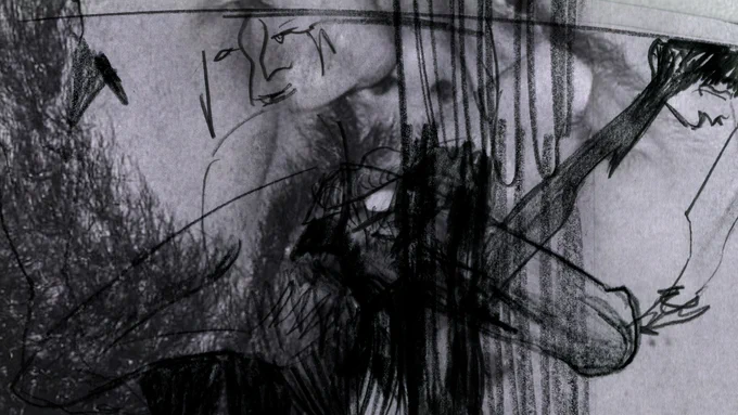 Still from Fel gwacter.

Gestural strokes in black pencil are layered over a close-up photograph of three faces facing each other.