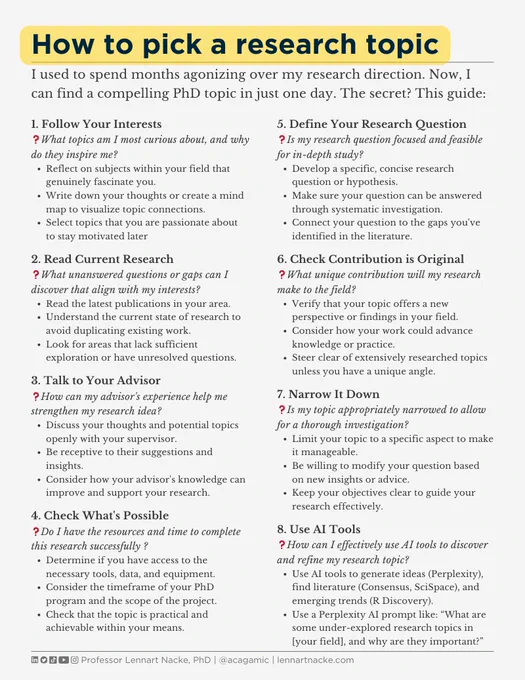 The guide from Lennart Nacke outlines an 8-step process for PhD students to choose a compelling research topic, covering everything from exploring personal interests to using AI tools, while ensuring originality and feasibility.