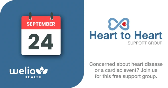 Heart to Heart Support group logo with description below and date / welia health logo to left