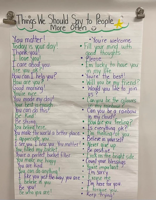 Anchor chart titled "Things We Should Say to People More Often" contains a long list of encouragements, affirmations and kind words.