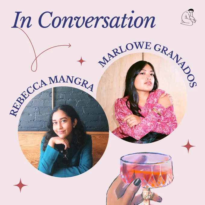 A graphic promoting an interview between Rebecca Mangra and Marlowe Granados. Headshots of both are featured with decorative stars against a pink background.