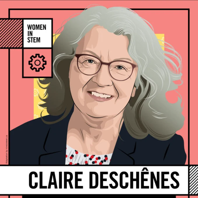 Illustration of smiling claire deschenes with grey hair, dark eyes, dark red glasses, and a blazer on an orange and yellow background.