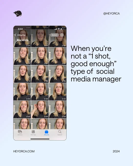 A smartphone screen displaying a social media application with multiple selfie images of a woman, accompanied by text "When you're not a '1-shot, good enough' type of social media manager" indicating humor in taking many pictures to get one right.