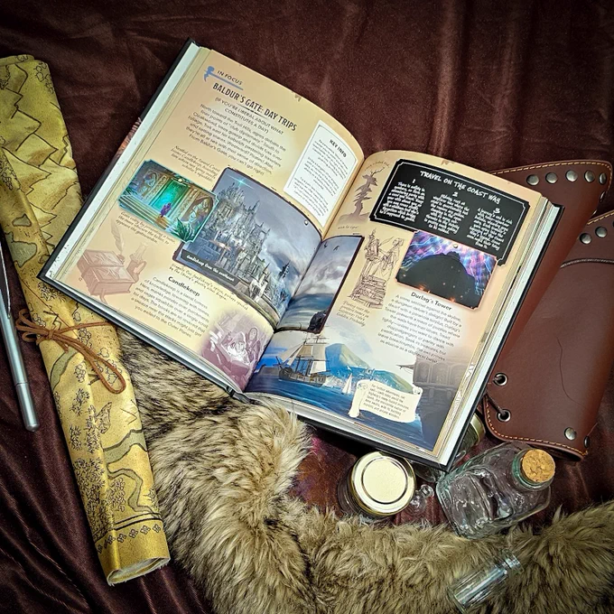 A picture of Dungeons & Dragons How Not To Get Eaten by Owlbears with some themed fantasy bits in the background including; Fur, bottles, arm guards and a map. The book is open.