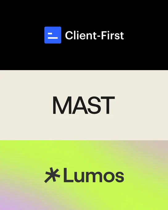 Logos de los 3 frameworks mas usados en Webflow: Client-first, Mast y Lumos