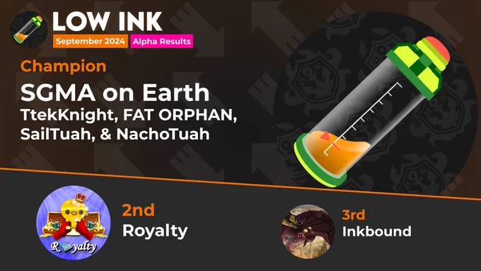 ID: An orange, green, and black graphic listing the winning teams of Alpha bracket. The winning players are named: TtekKnight, FAT ORPHAN, SailTuah and NachoTuah. End ID.