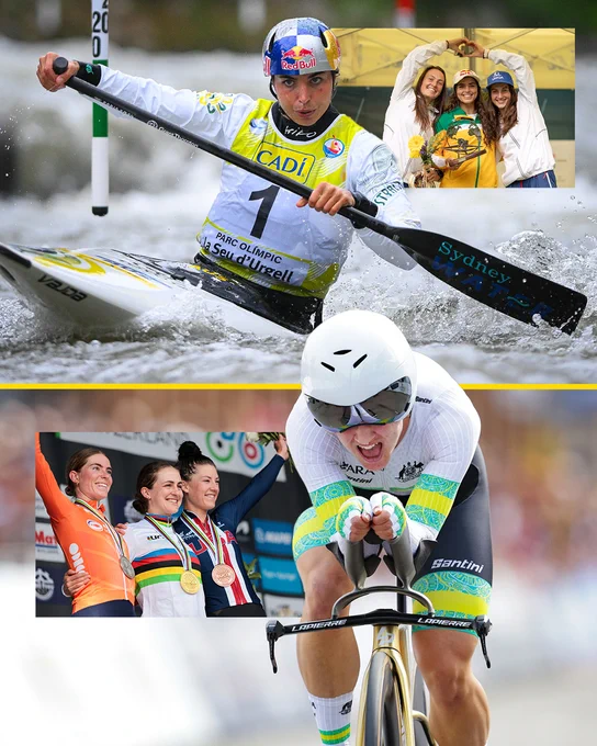 A collage of a cyclist and canoeist in action. 