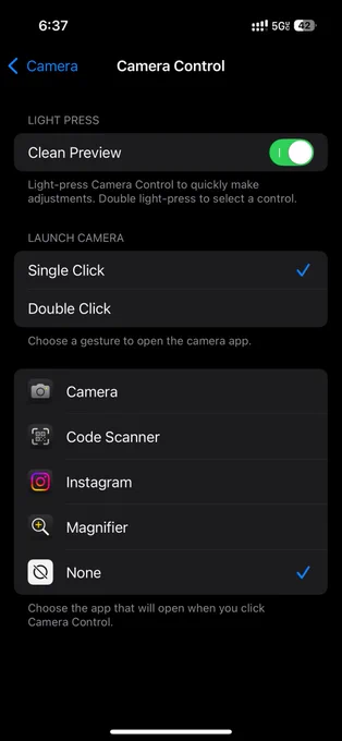 A screenshot of the "camera button control" menu on an iPhone 16, with "None" selected