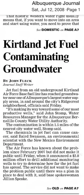Newspaper headline: “Kirtland Jet Fuel Contaminating Groundwater”