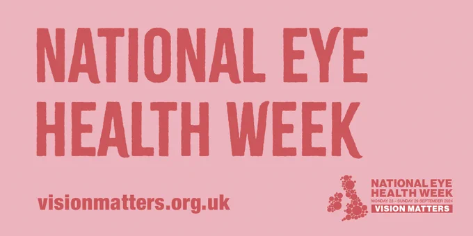 The words ‘National Eye Health Week’ written in bold dark peach text on a bright peach coloured background. Underneath these words is the vision matters website address www.visionmatters.org.uk and the National Eye Health Week logo.