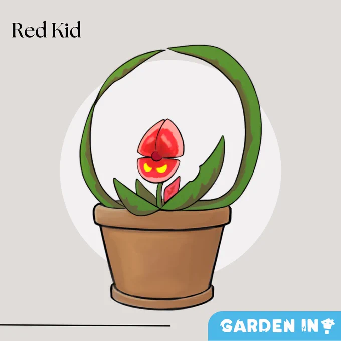 The Red Kid is a red flower with a pattern resembling an angry face surrounded by two encompassing leaves.